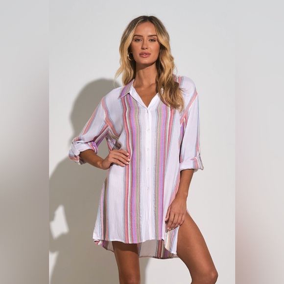 NWT Elan White Multi Stripe Button Up Boyfriend Top cover Up Medium - Picture 1 of 13